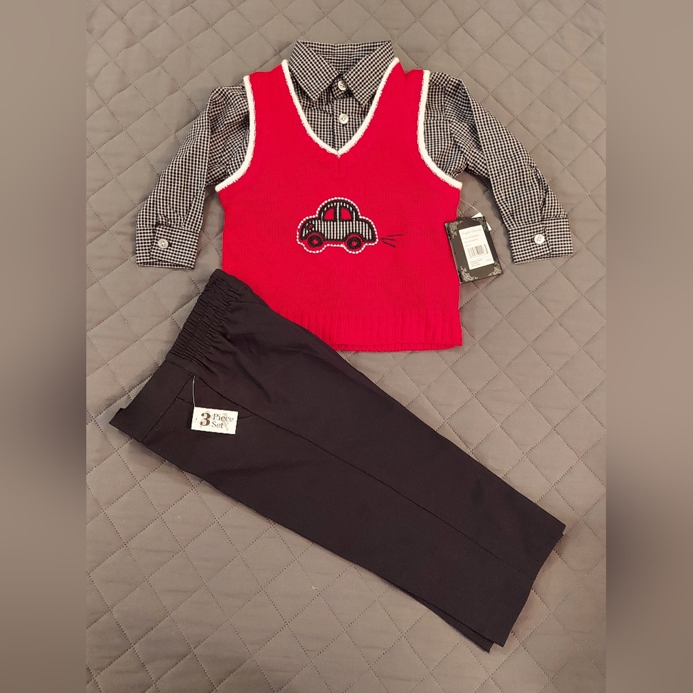 3 Piece Red Car Sweater Vest with Black Pants Set